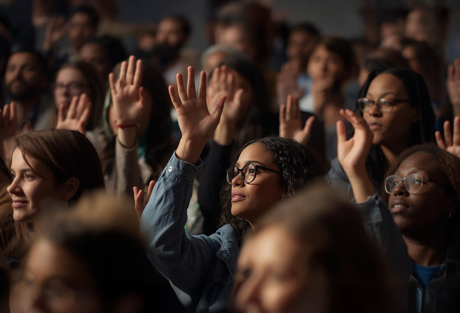 3requently asked questions people with raised hands realistic photo